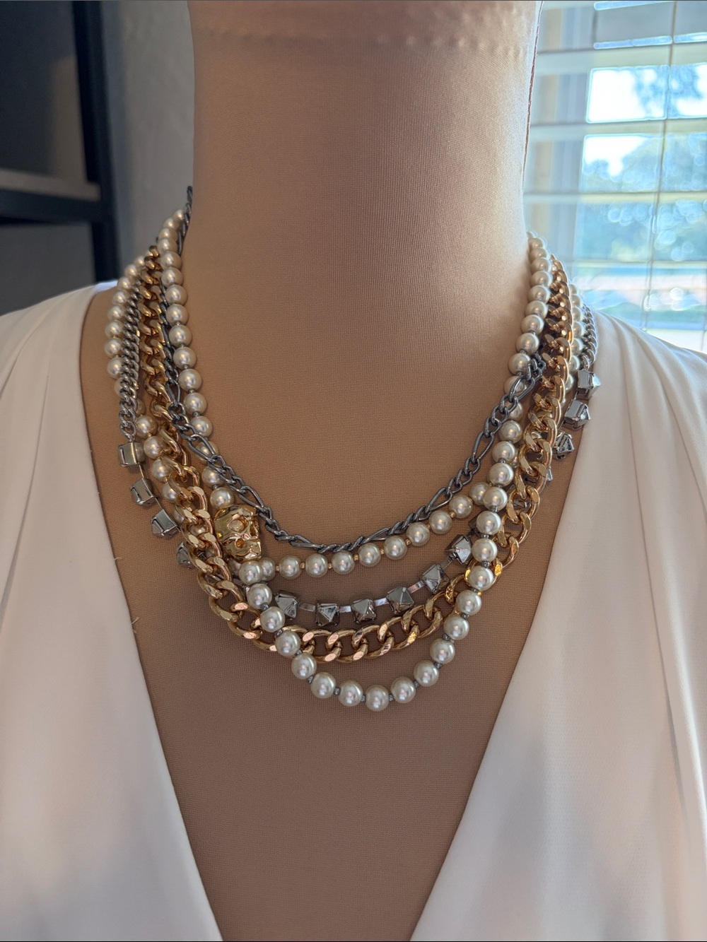 Gold & Silver Multi-Strand Pearl Chain Necklace - Women's Jewelry skull accent